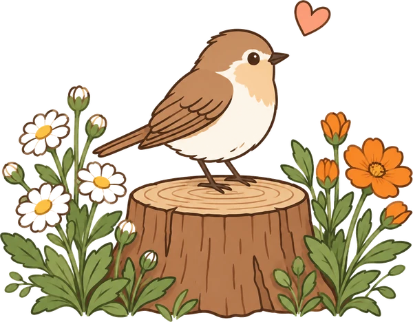 Illustration of a bird on a tree stump surrounded by flowers
