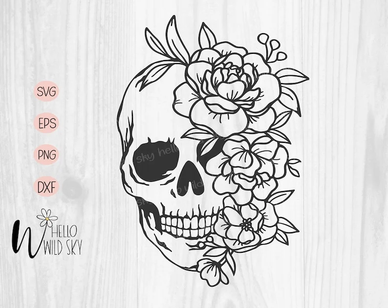 Skull Svg File, Floral Skull Svg, Skull Vector, Skull Flower Svg Vector Silhouette, Sugar Skull Svg File, Skull Flower Cut File, Halloween - Image 3