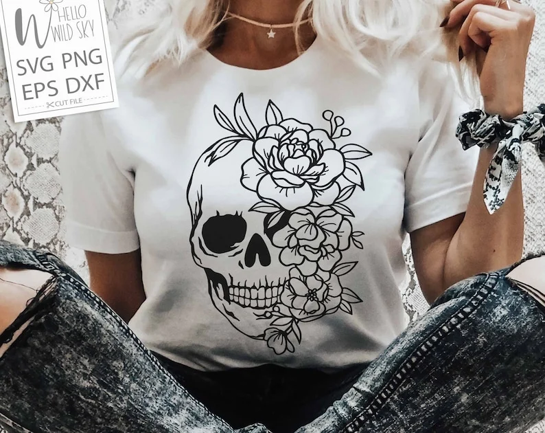 Skull Svg File, Floral Skull Svg, Skull Vector, Skull Flower Svg Vector Silhouette, Sugar Skull Svg File, Skull Flower Cut File, Halloween - Image 6
