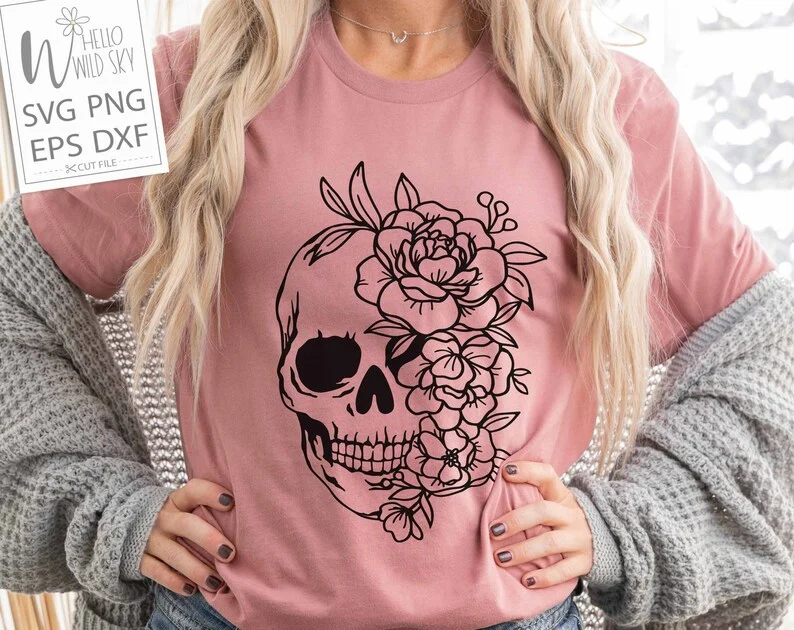 Skull Svg File, Floral Skull Svg, Skull Vector, Skull Flower Svg Vector Silhouette, Sugar Skull Svg File, Skull Flower Cut File, Halloween - Image 9