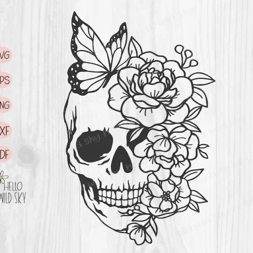 Skull Flower With Butterfly laser cut design, view 4