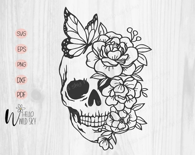 Skull Flower With Butterfly laser cut design, view 4