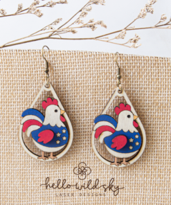 Patriotic Chicken 4th July Earrings, 4th of July Rooster Laser earrings, 250th Earrings