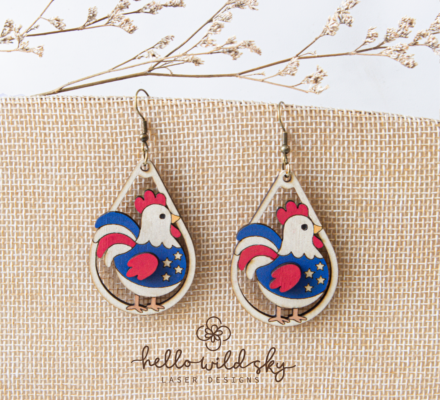 Patriotic Chicken 4th July Earrings, 4th of July Rooster Laser earrings, 250th Earrings