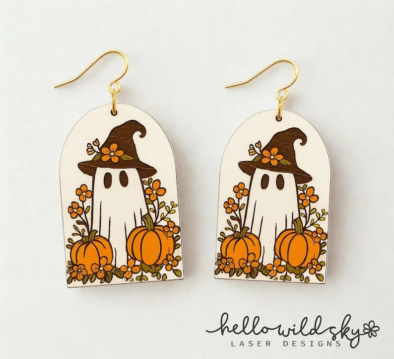 Cute Ghost Earrings, Floral Ghost Laser Engraved, Boho Halloween Earrings, Glowforge Cut File, Digital Download - Image 2
