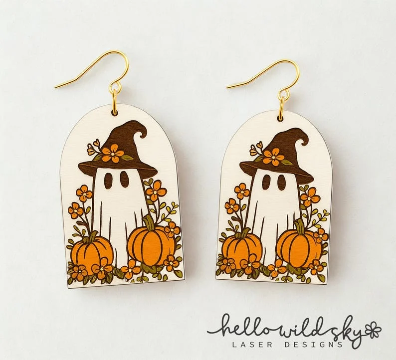 Cute Ghost Earrings, Floral Ghost Laser Engraved, Boho Halloween Earrings, Glowforge Cut File, Digital Download