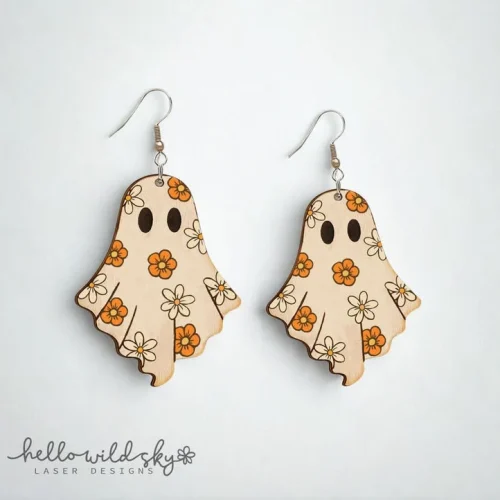 Retro Floral Ghost Laser Earring, Cute Flower Ghost Earring, Floral Ghost Laser Engraved, Autumn Ghost Laser, Fall Ghost Earring File