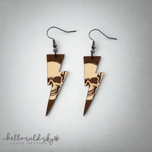 Halloween Skull Earring, Gothic Wood Earrings, Day of the Dead Skull Design, Lightning Skull Laser, Glowforge Halloween Svg, Earrings Skull