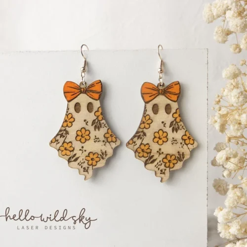 Boho Floral Ghost Earrings laser cut design, view 3