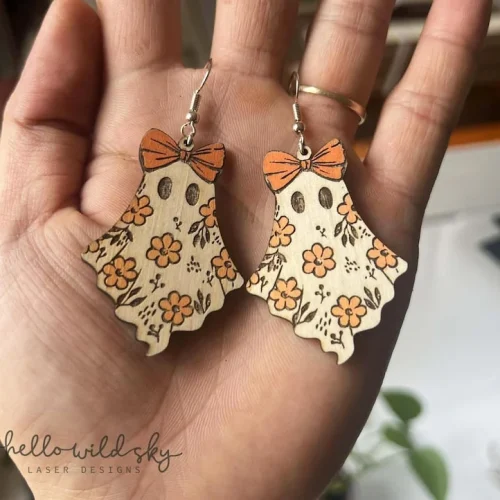 Boho Floral Ghost Earrings laser cut design, view 4