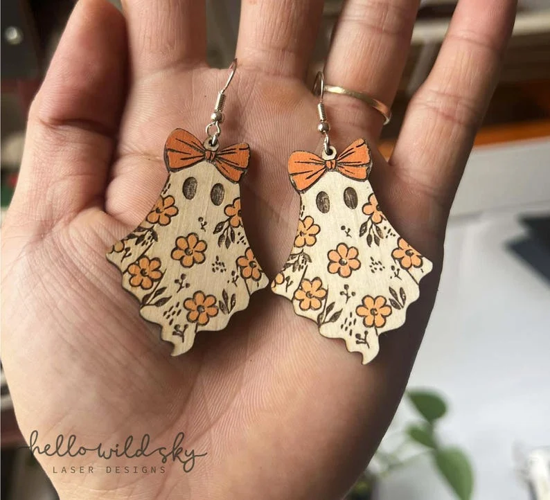 Boho Floral Ghost Earrings laser cut design, view 2