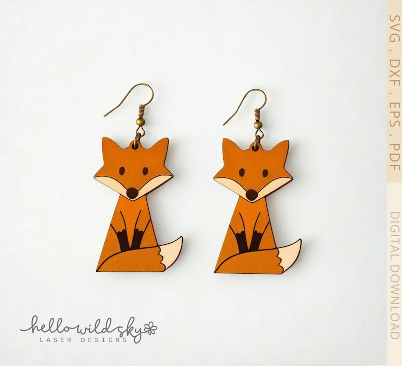Fox Wood Earring Laser Cut File, Animal Laser Cut File, Fox Laser Earring File, Glowforge Laser Earrings