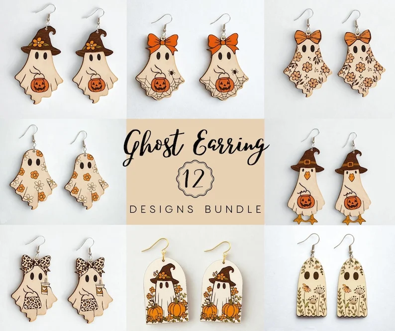Ghost Halloween Bundle Earring laser cut design, view 2