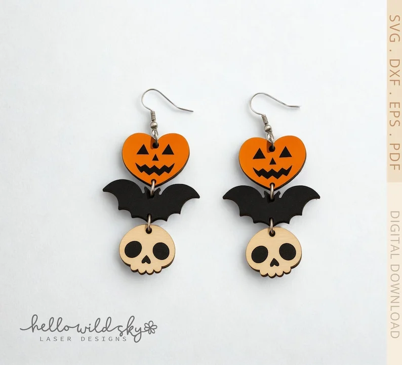 Spooky Halloween Dangle Earrings laser cut design, view 2