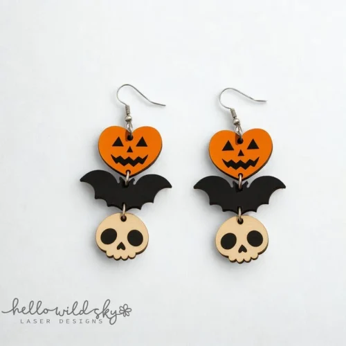 Spooky Halloween Dangle Laser Earrings, Halloween Skull Earring Laser Cut File, Pumpkin Heart Earrings, Laser Cut Digital File