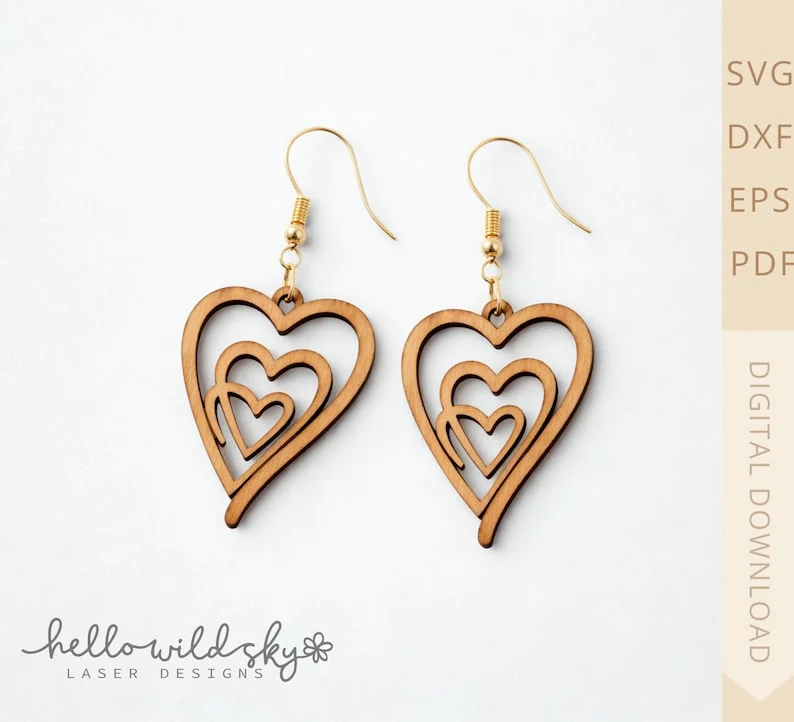 One Line Heart Earrings laser cut design, view 2