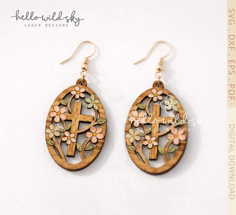Floral Easter Cross, Easter Cross Earrings SVG, Floral Cross Dangle Earrings, Happy Easter, He is Risen (digital Download)