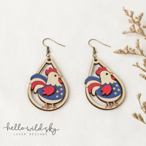 Patriotic Chicken 4th July Earrings laser cut design, view 3