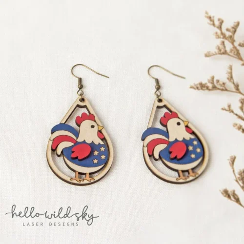 Patriotic Chicken 4th July Earrings, 4th of July Rooster Laser Earrings, 250th Earrings, USA Chicken Laser SVG File (digital Download)