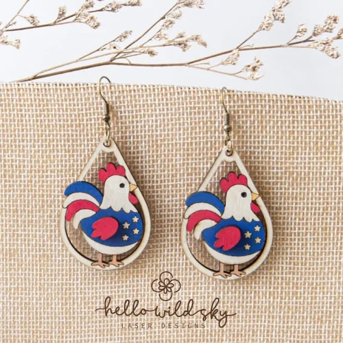 Patriotic Chicken 4th July Earrings laser cut design, view 4