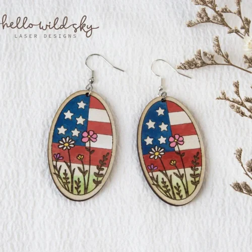American Flag Floral Earrings Svg, Patriotic Wildflower USA Laser Earrings, America 250th Birthday Floral SVG Cut File (digital Download)