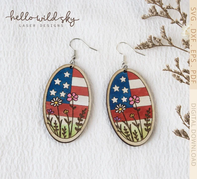 American Flag Floral Earrings laser cut file