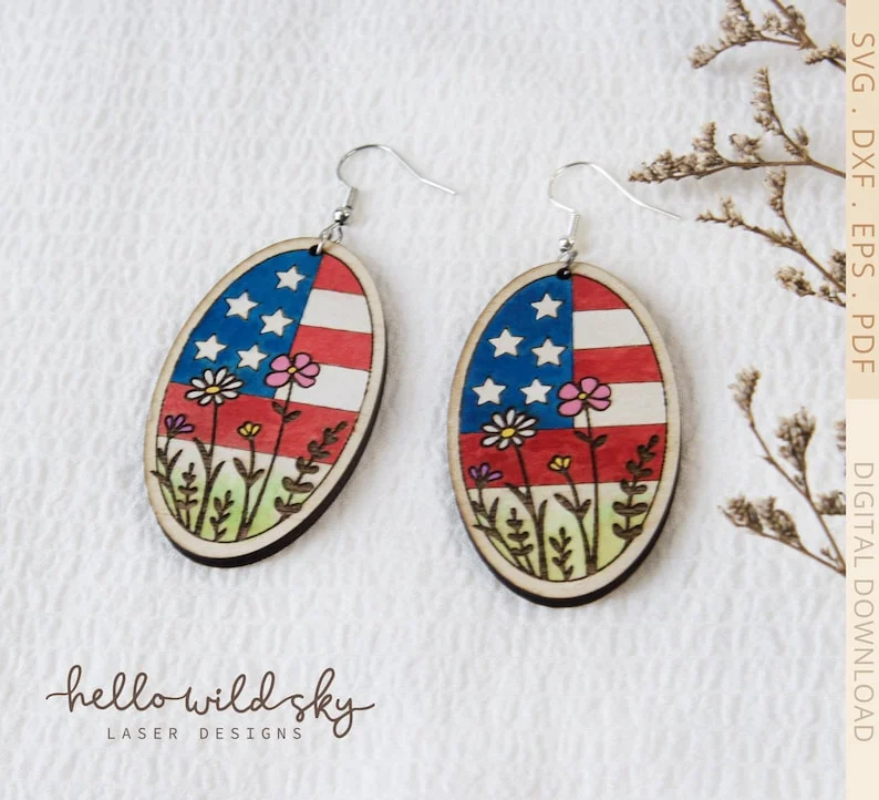 American Flag Floral Earrings laser cut design, view 5