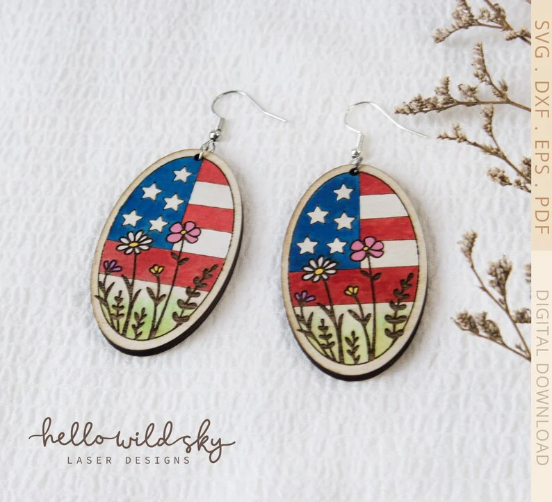 American Flag Floral Earrings laser cut design, view 2