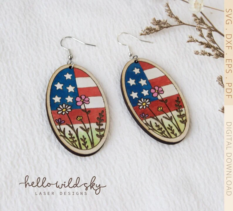 American Flag Floral Earrings laser cut design, view 3