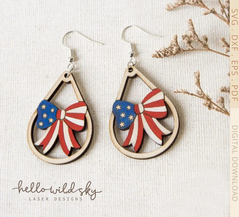 Patriotic Bow Earrings laser cut design, view 3