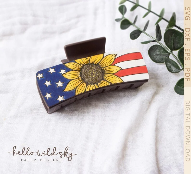 American Flag Sunflower Hair Clip laser cut design, view 2