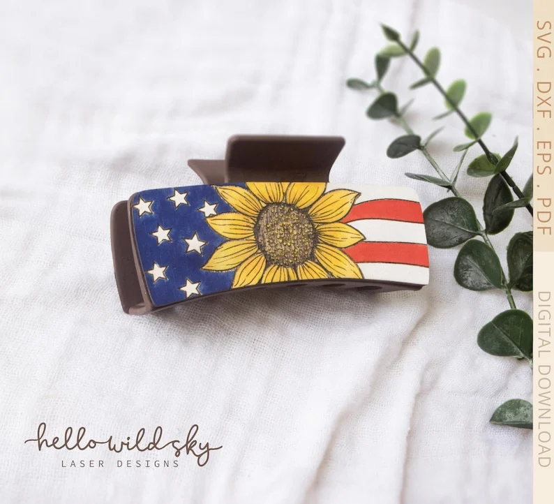 American Flag Sunflower Hair Clip laser cut design, view 6