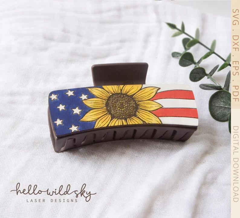 American Flag Sunflower Hair Clip laser cut design, view 7