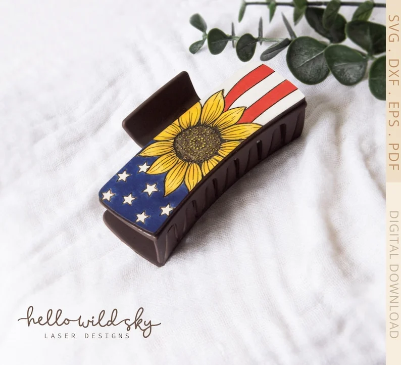 American Flag Sunflower Hair Clip laser cut design, view 8