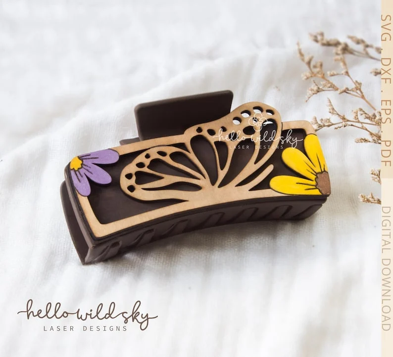 and Flowers Butterfly Hair Clip laser cut design, view 4