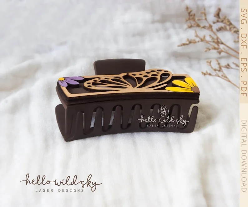 and Flowers Butterfly Hair Clip laser cut design, view 6