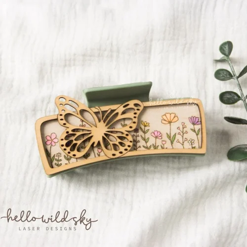 Butterfly and Wildflowers Hair Clip laser cut design, view 4
