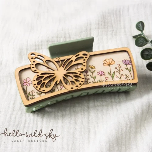 Butterfly and Wildflowers Hair Clip laser cut design, view 5