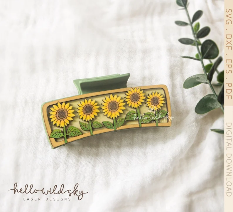 Sunflower Hair Claw Clip laser cut design, view 4