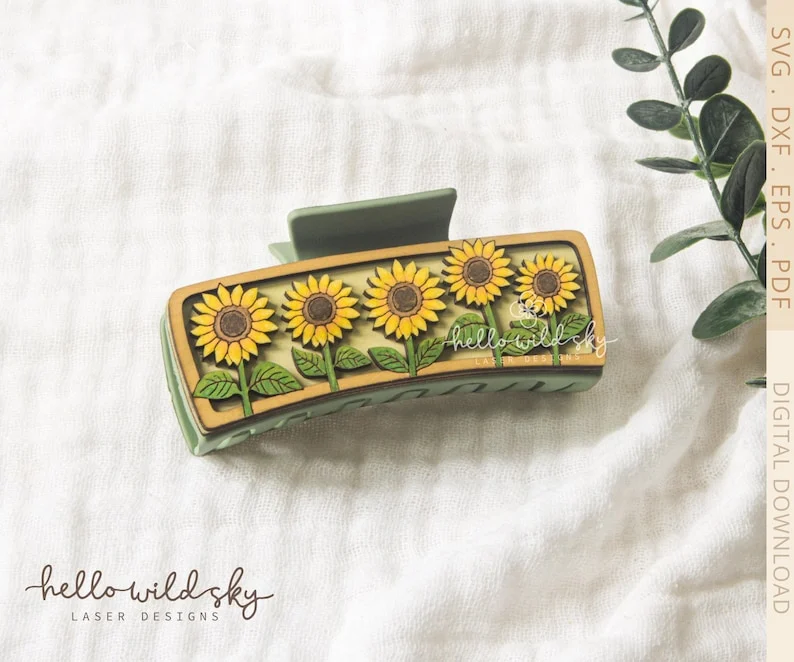 Sunflower Hair Claw Clip laser cut design, view 5