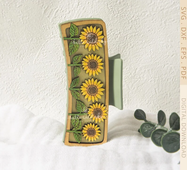 Sunflower Hair Claw Clip laser cut design, view 7