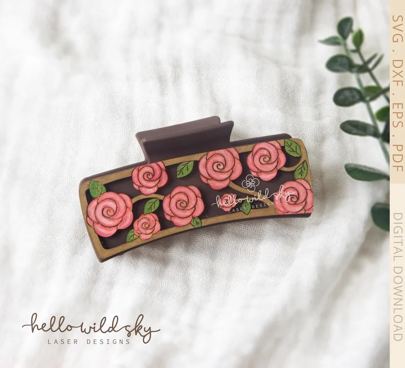 Roses Hair Clip SVG, Floral Roses Hair Clip Laser 4.1" SVG File, Roses Laser Cut Design, Flower Hair Clip SVG File (digital Download) - Image 4