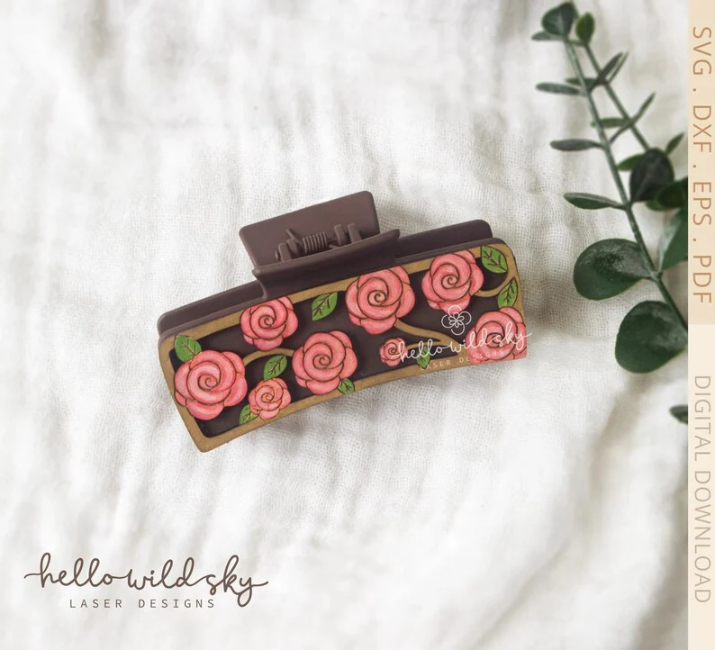 Roses Hair Clip SVG, Floral Roses Hair Clip Laser 4.1" SVG File, Roses Laser Cut Design, Flower Hair Clip SVG File (digital Download) - Image 2