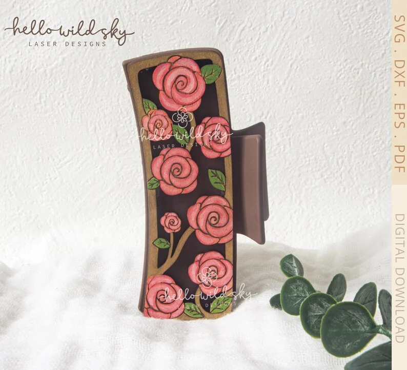 Roses Hair Clip SVG, Floral Roses Hair Clip Laser 4.1" SVG File, Roses Laser Cut Design, Flower Hair Clip SVG File (digital Download) - Image 7