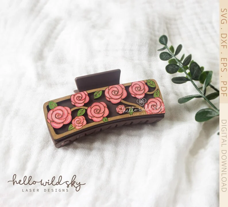 Roses Hair Clip SVG, Floral Roses Hair Clip Laser 4.1" SVG File, Roses Laser Cut Design, Flower Hair Clip SVG File (digital Download) - Image 8