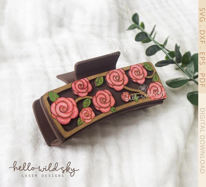 Roses Hair Clip SVG, Floral Roses Hair Clip Laser 4.1" SVG File, Roses Laser Cut Design, Flower Hair Clip SVG File (digital Download) - Image 9