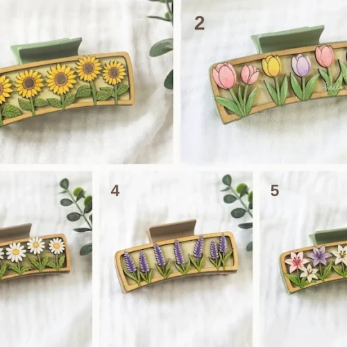 Flower Garden Hair Clips Collection, Flowers Laser Hair Clip Design Bundle 4.1" , Floral Hair Clip SVG File (digital Download)