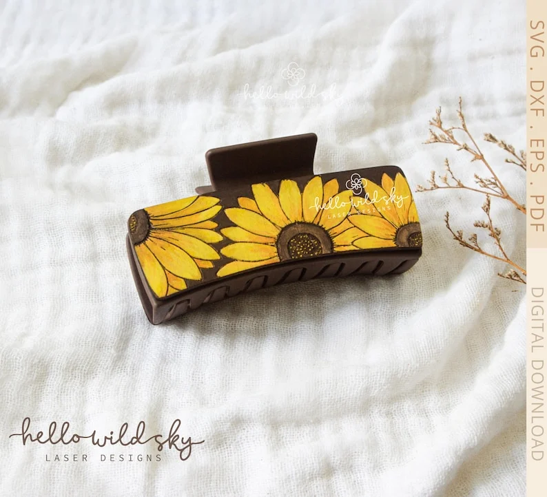 Boho Sunflower Hair Clips laser cut design, view 4