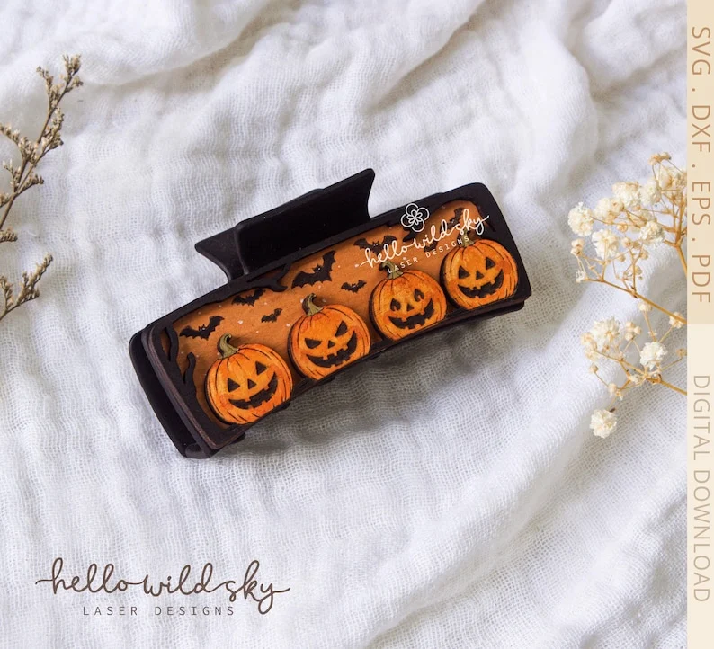 Halloween Pumpkin Hair Clip laser cut design, view 3