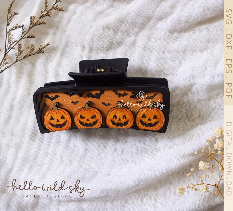 Halloween Pumpkin Hair Clip laser cut design, view 8